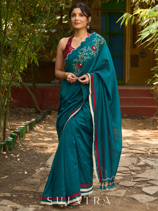 Classic Teal green Embroidered cotton saree with Scallop Detailing