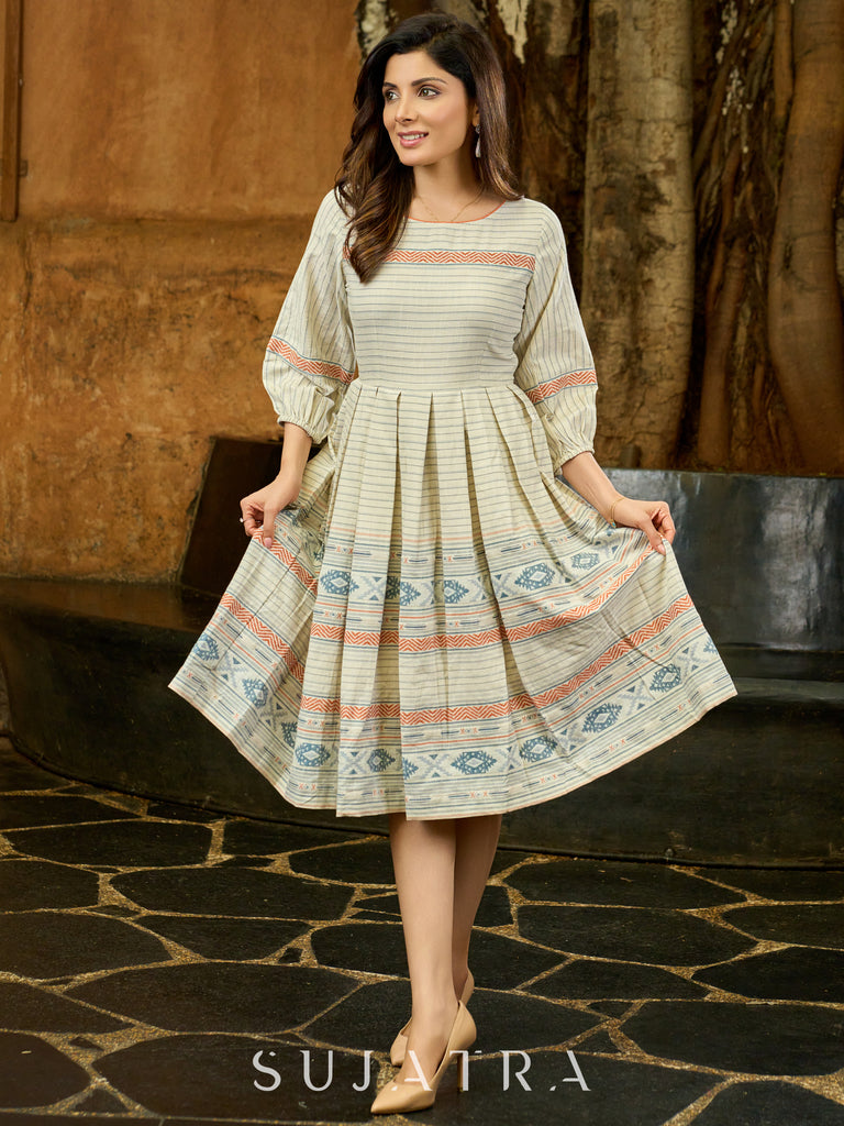 Multicolor Jamdani Weave Box Pleat Dress with Boat Neckline