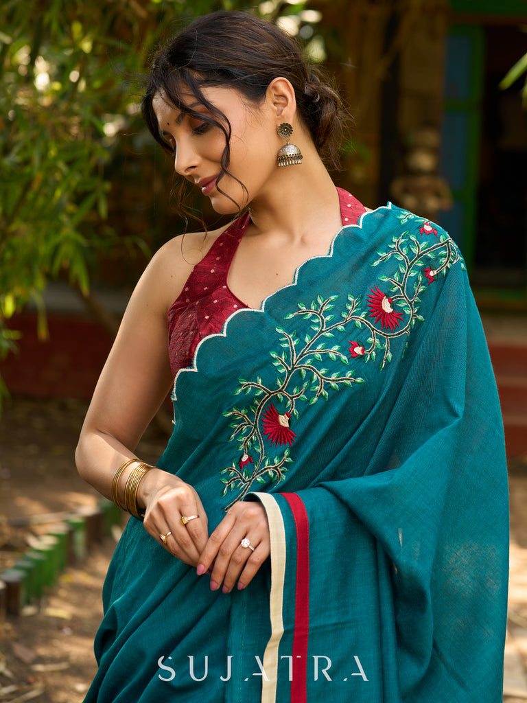 Classic Teal green Embroidered cotton saree with Scallop Detailing