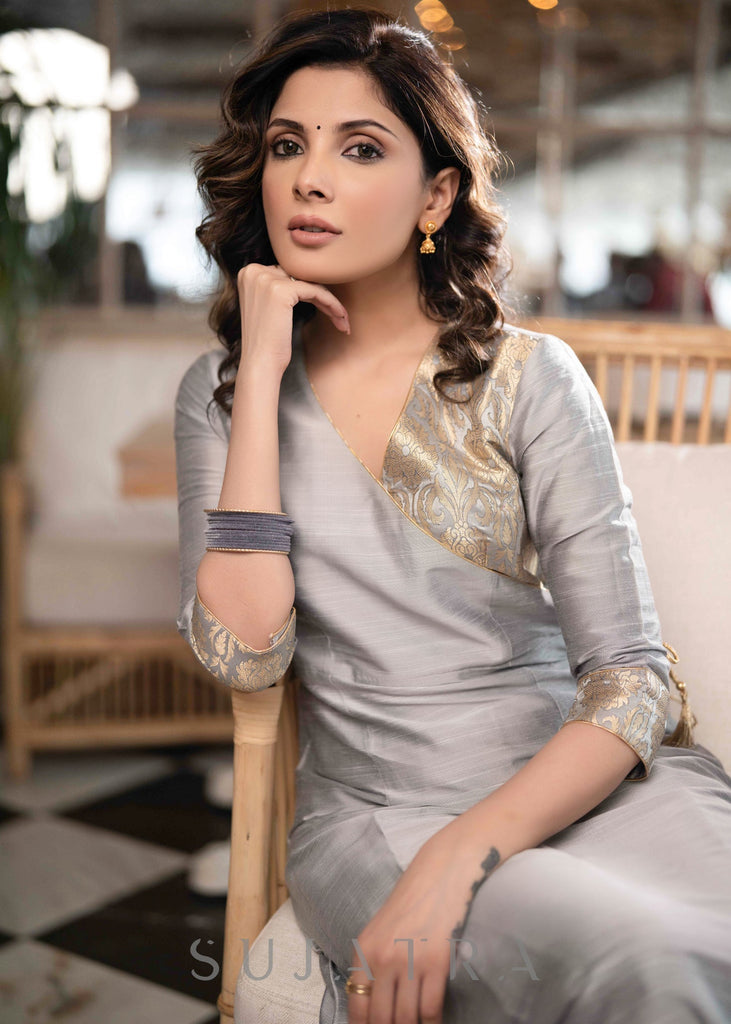 Exquisite Grey Cotton Silk Asymmetrical Kurta With Brocade Yoke & Gold Side Dori - Pant Optional