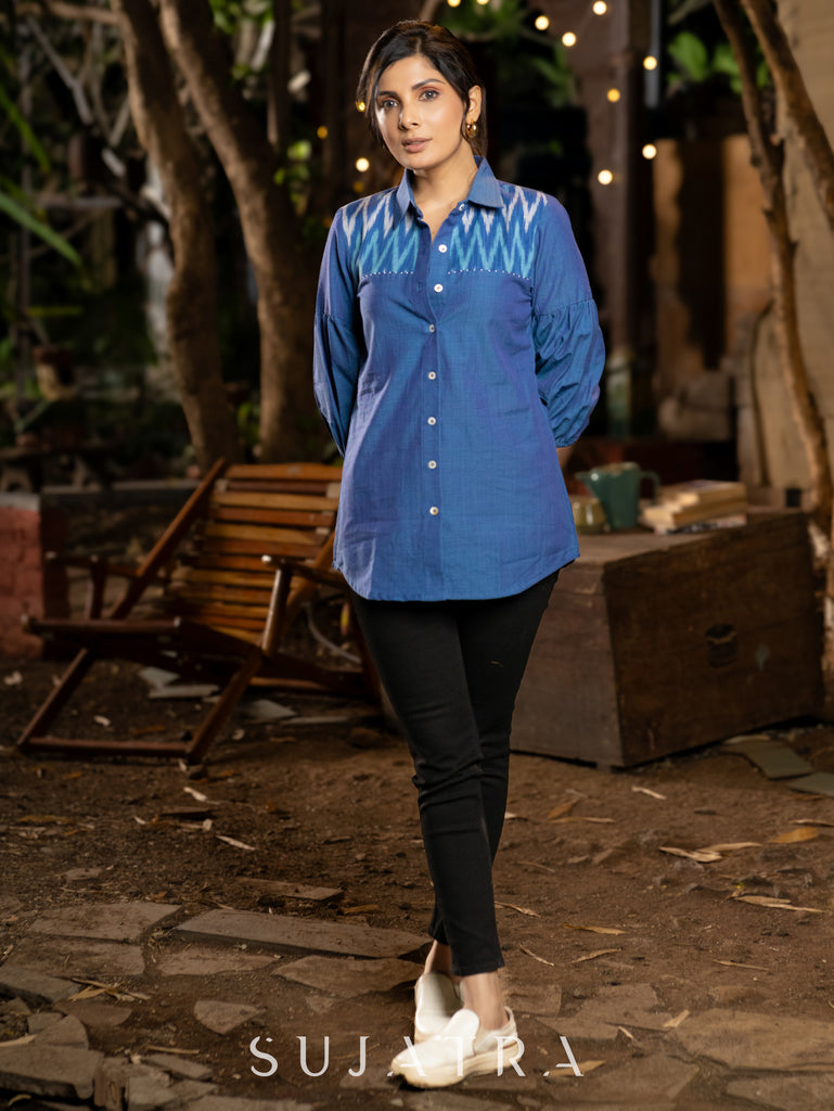 Handloom Cotton Blue Shirt Featuring Ikat Yoke, Beaded Detailing & Gathered Sleeves