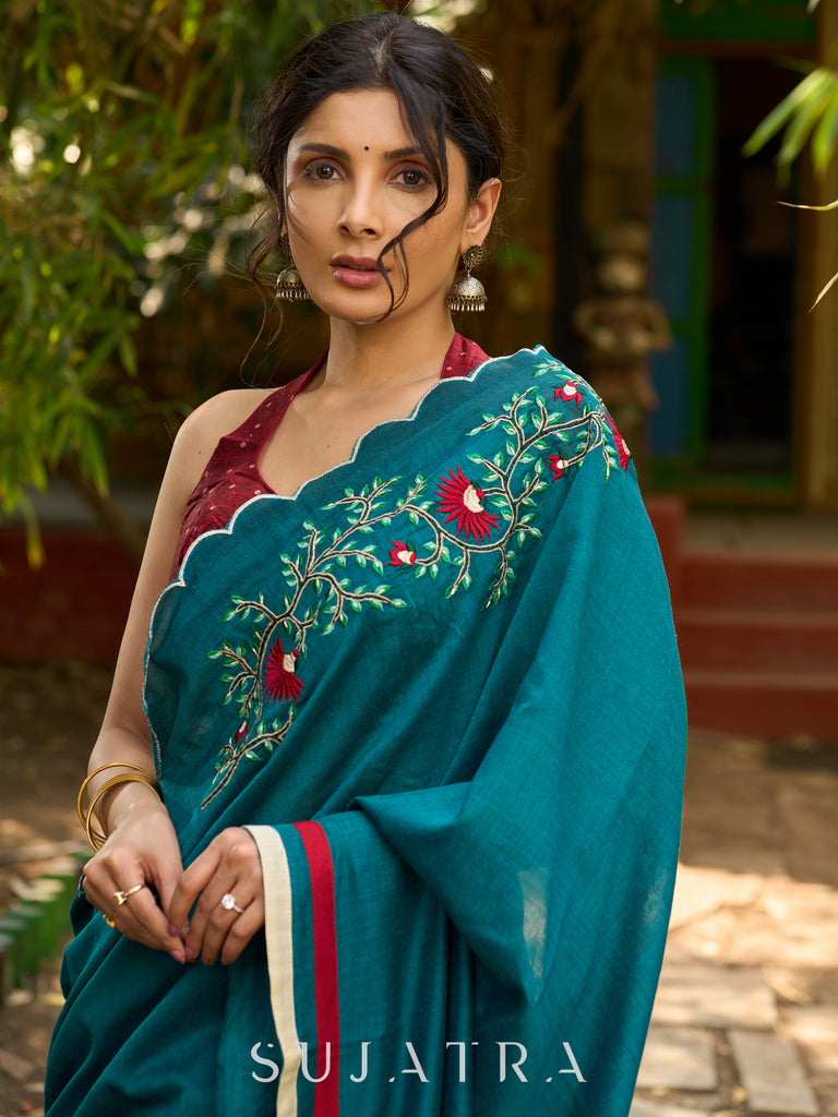 Classic Teal green Embroidered cotton saree with Scallop Detailing