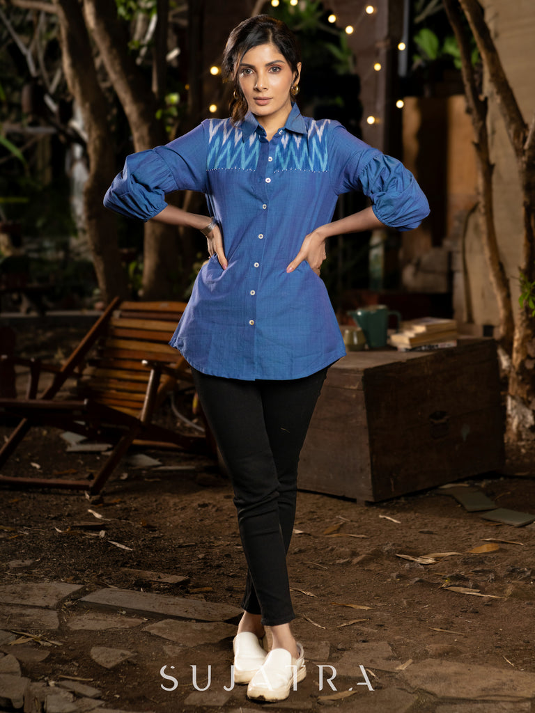 Handloom Cotton Blue Shirt Featuring Ikat Yoke, Beaded Detailing & Gathered Sleeves