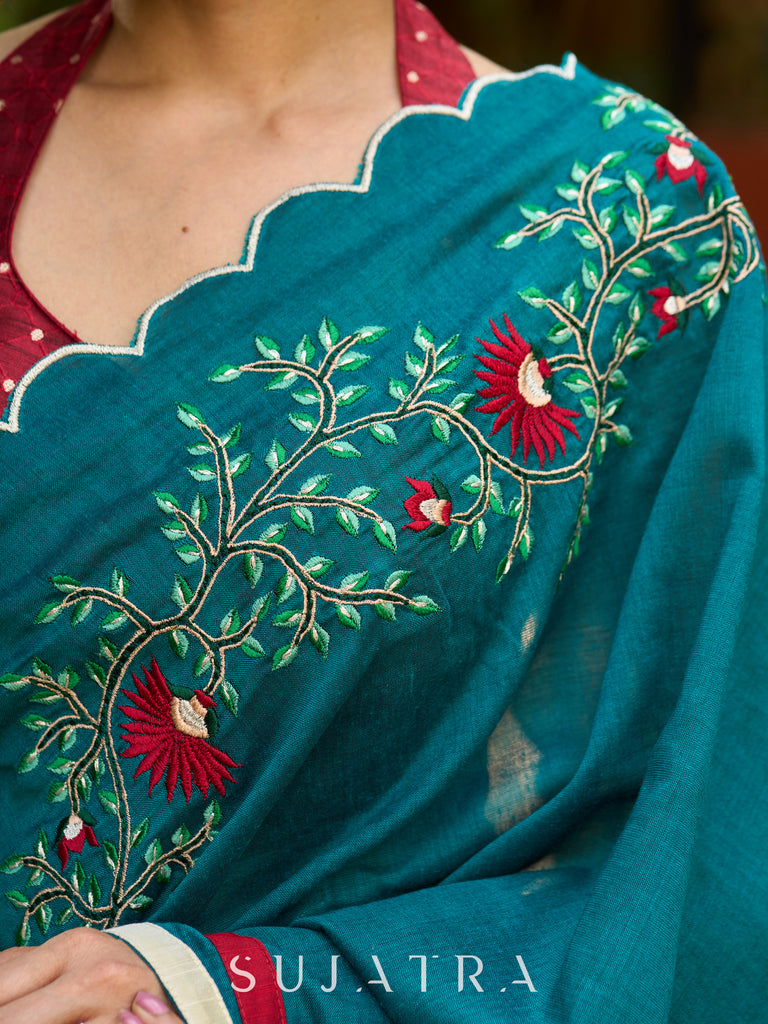 Classic Teal green Embroidered cotton saree with Scallop Detailing