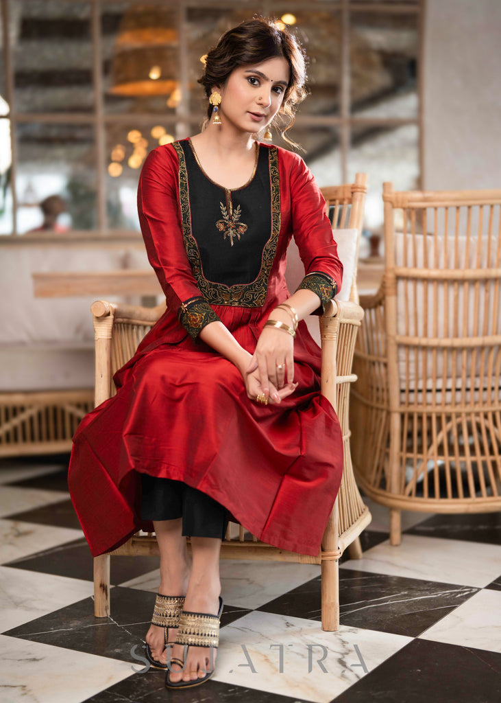 Beautiful A Line Maroon cotton Silk Kurta With Ajrakh Patchwork On Yoke -  Pant Optional