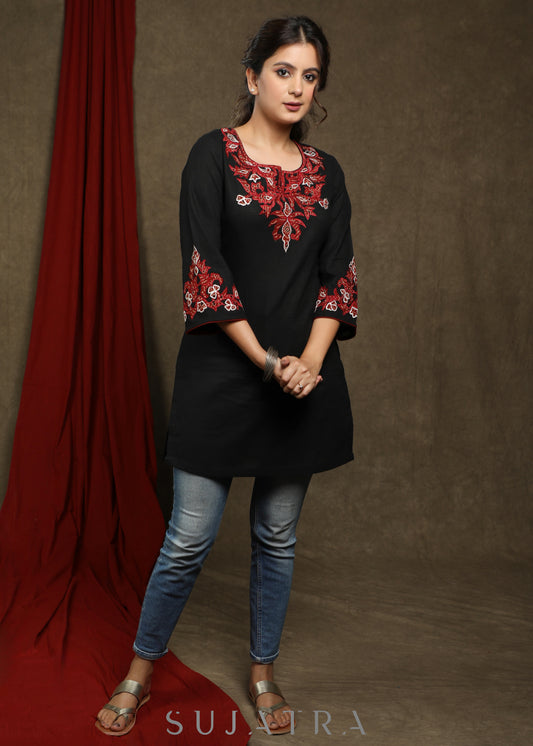 Trendy black cotton tunic with beautiful ajrakh applique on yoke and sleeves