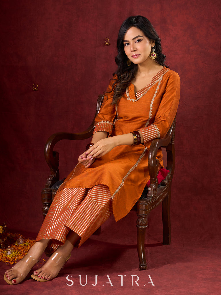 Deep Rust Cotton-Silk Panel Kurta with Subtle Brocade Accents
