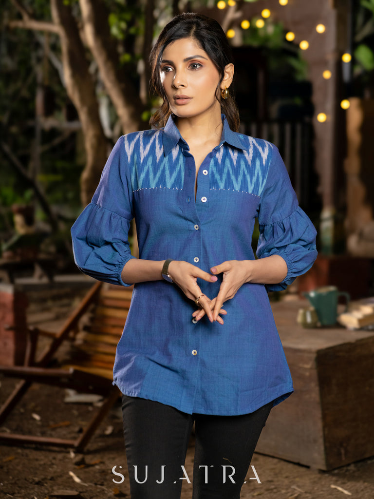 Handloom Cotton Blue Shirt Featuring Ikat Yoke, Beaded Detailing & Gathered Sleeves