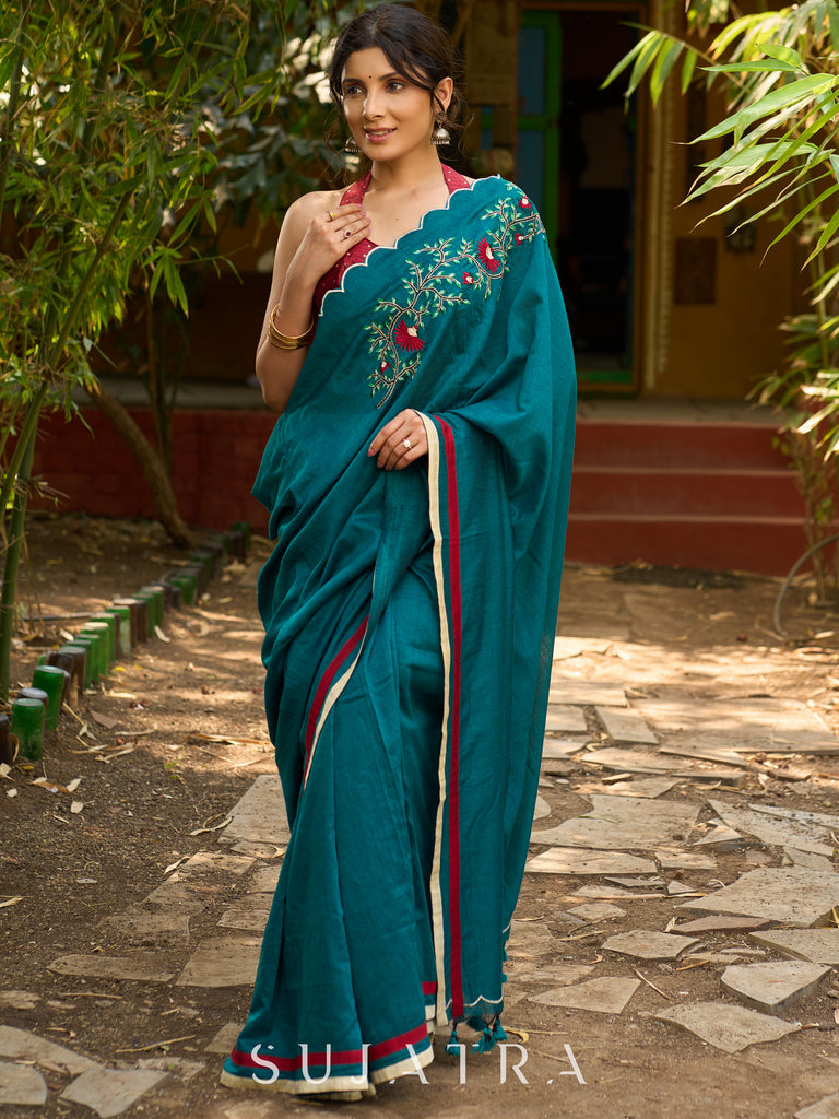 Classic Teal green Embroidered cotton saree with Scallop Detailing
