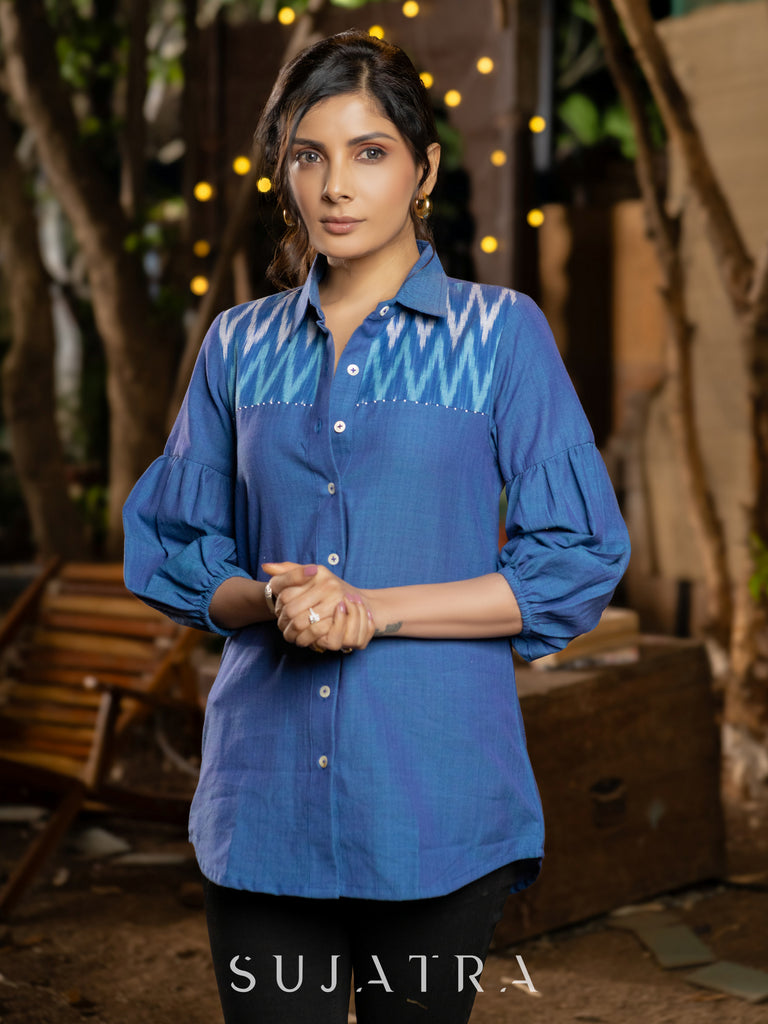 Handloom Cotton Blue Shirt Featuring Ikat Yoke, Beaded Detailing & Gathered Sleeves
