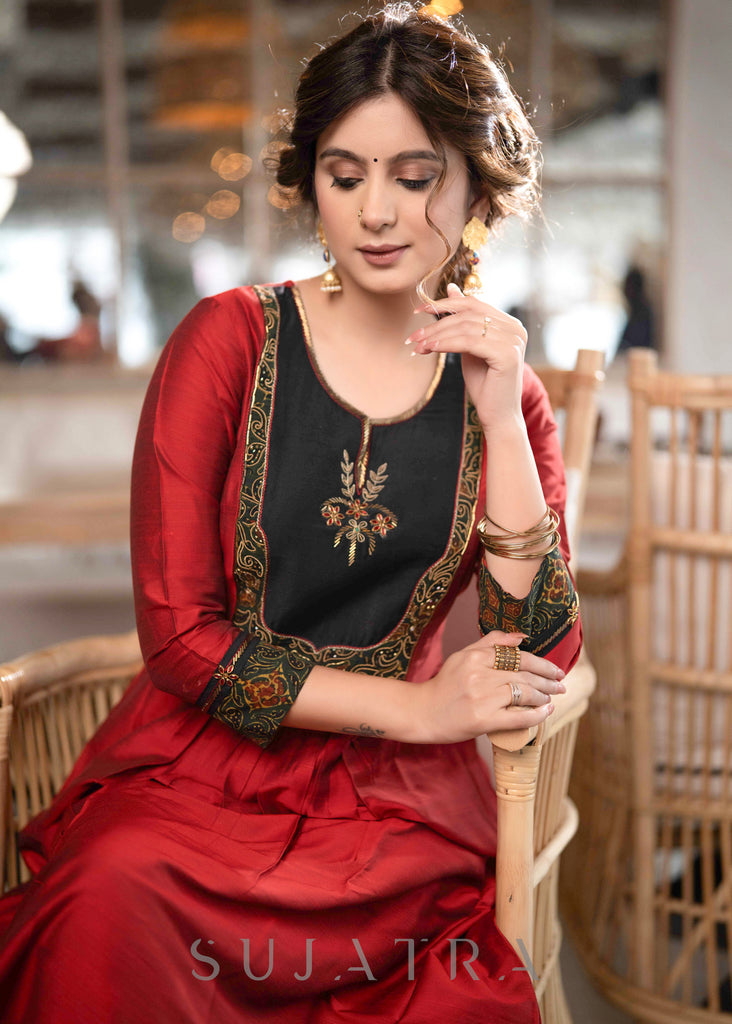 Beautiful A Line Maroon cotton Silk Kurta With Ajrakh Patchwork On Yoke -  Pant Optional