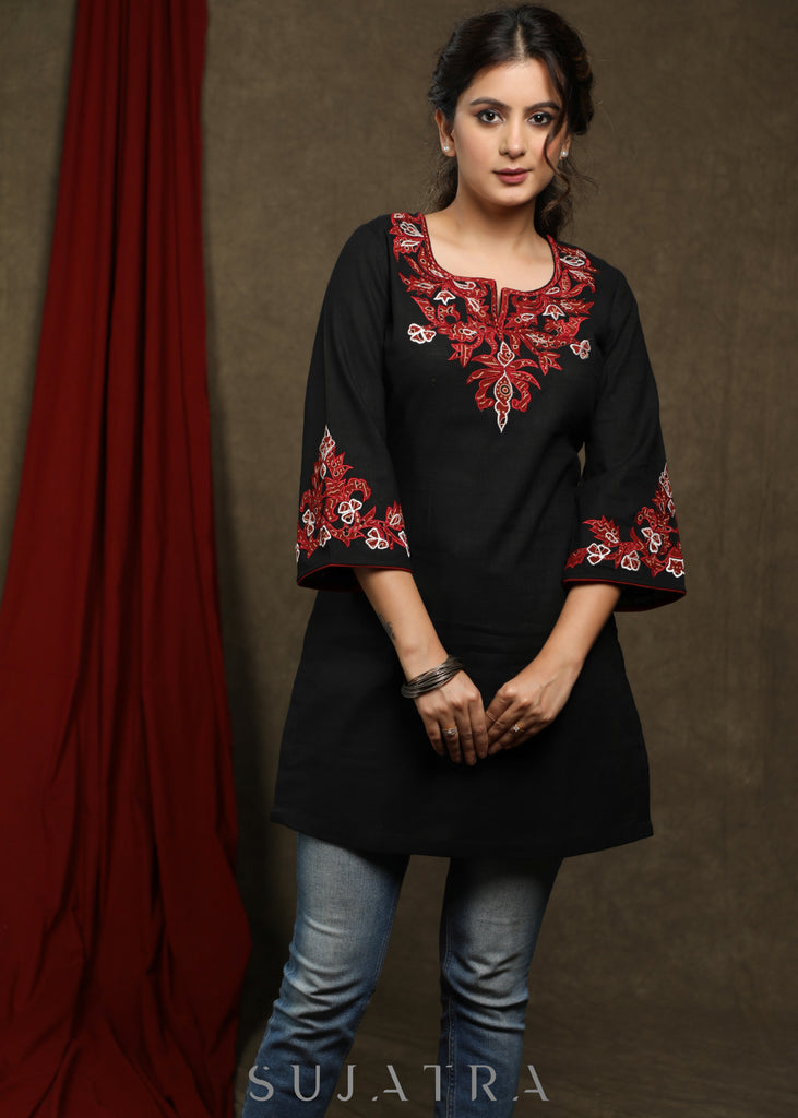 Trendy black cotton tunic with beautiful ajrakh applique on yoke and sleeves