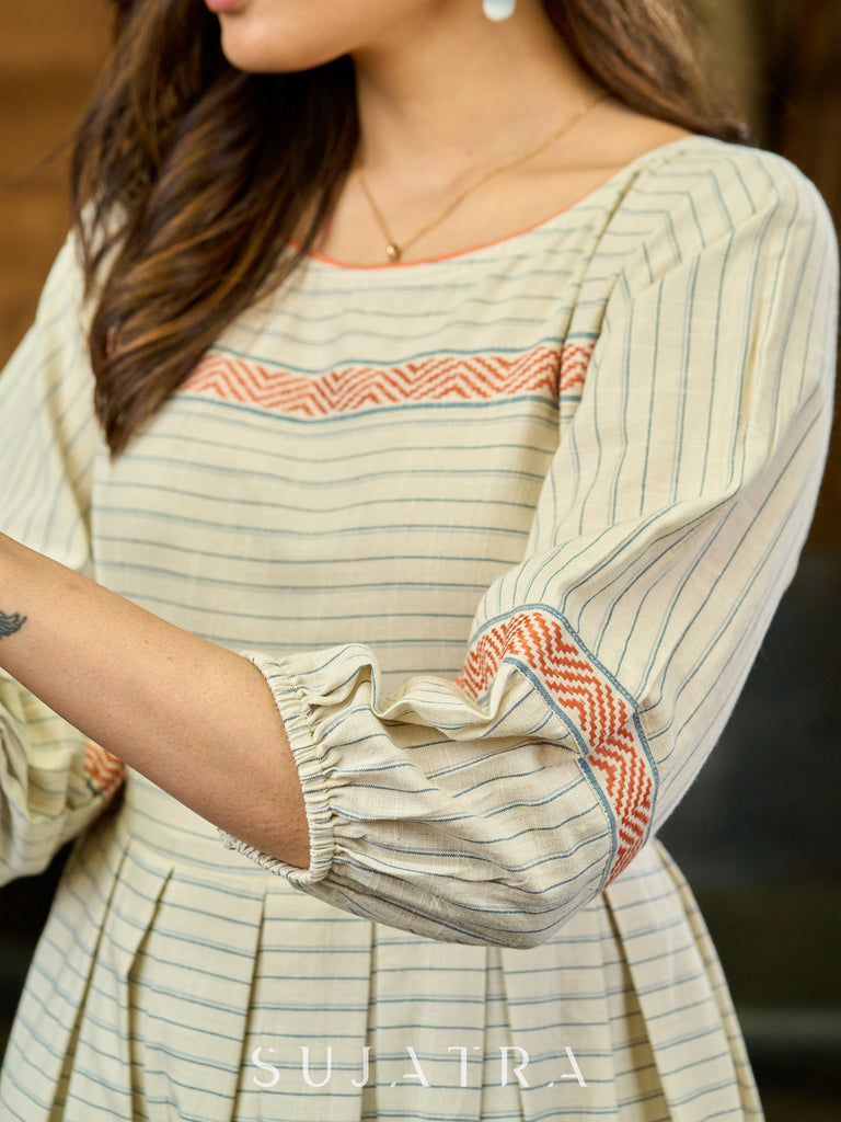 Multicolor Jamdani Weave Box Pleat Dress with Boat Neckline