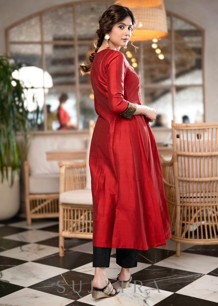 Beautiful A Line Maroon cotton Silk Kurta With Ajrakh Patchwork On Yoke -  Pant Optional