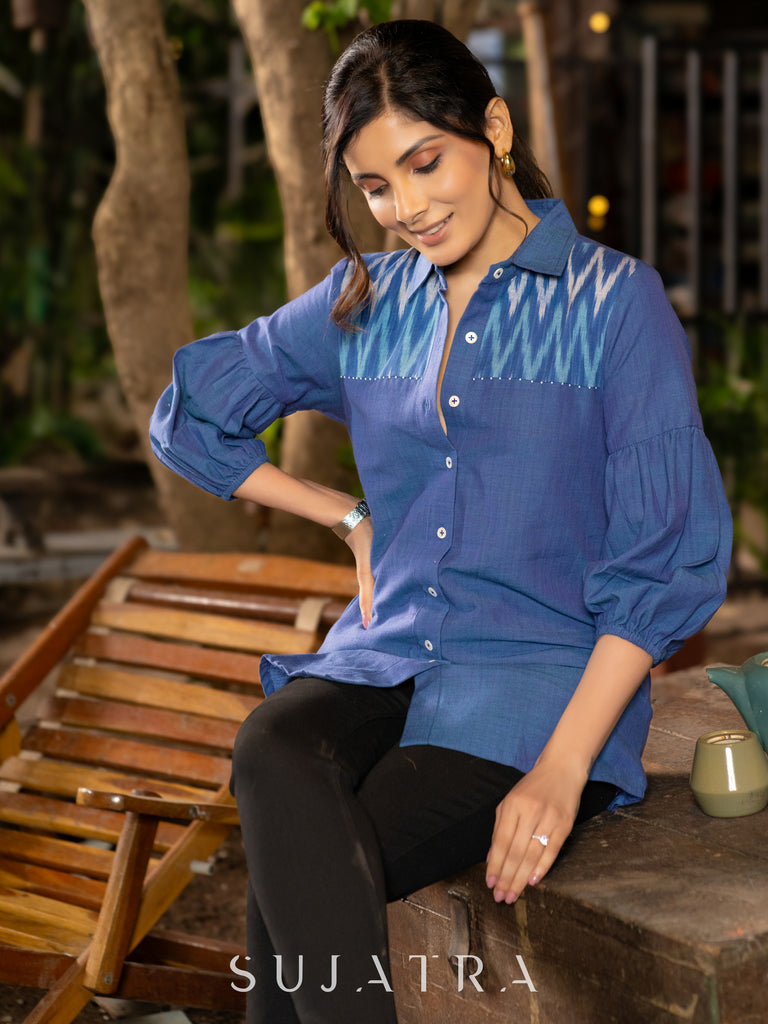 Handloom Cotton Blue Shirt Featuring Ikat Yoke, Beaded Detailing & Gathered Sleeves