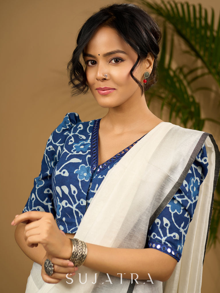 Trendy cotton indigo combination blouse