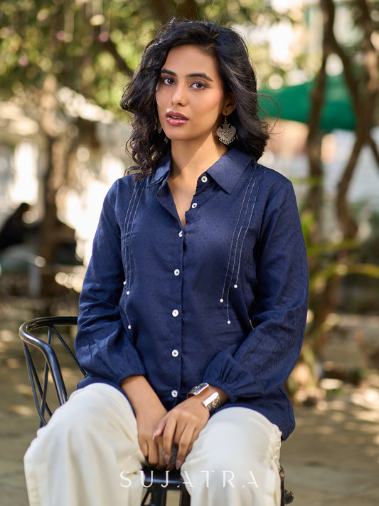 Chic Navy Woven Cotton Pintuck Shirt Featuring Soft Gathered Sleeves