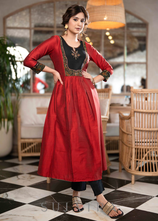 Beautiful A Line Maroon cotton Silk Kurta With Ajrakh Patchwork On Yoke - Pant Optional