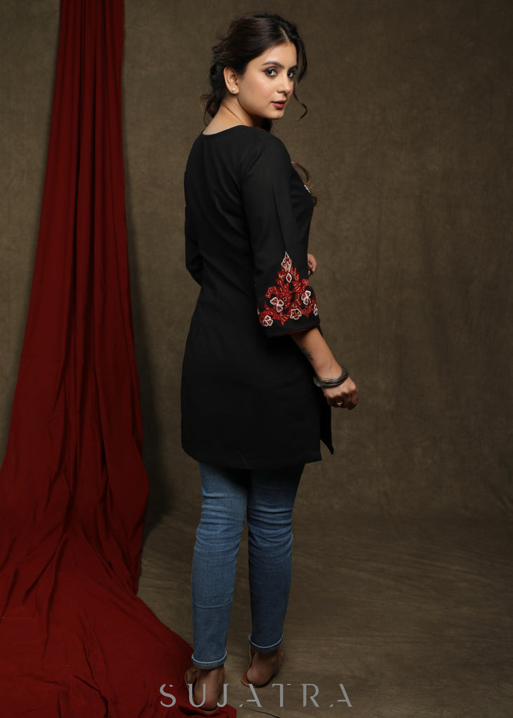 Trendy black cotton tunic with beautiful ajrakh applique on yoke and sleeves