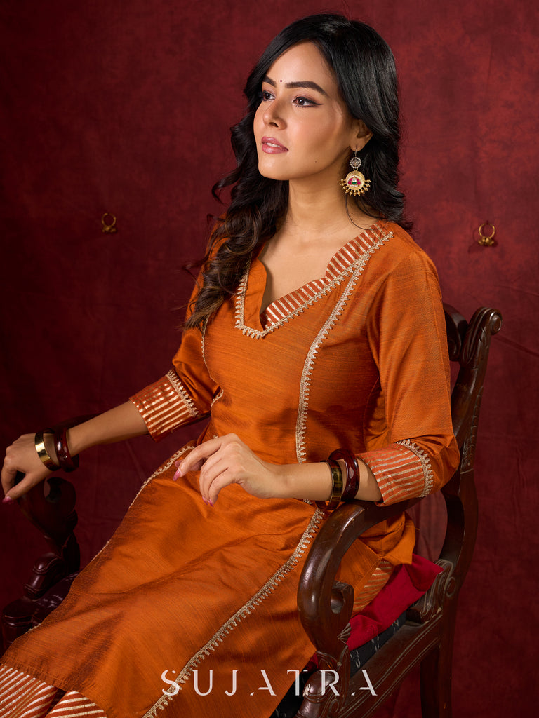 Deep Rust Cotton-Silk Panel Kurta with Subtle Brocade Accents