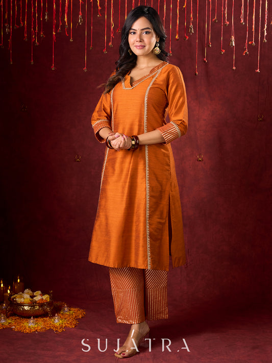 Rust Brocade Striped Straight Pant