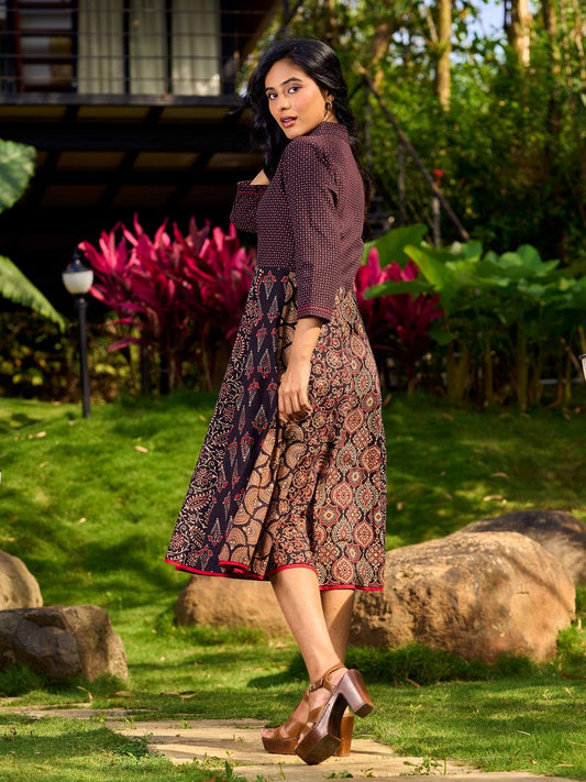 Ajrakh Block Printed Cotton Panel Flared Shirt Dress with Collared Neckline