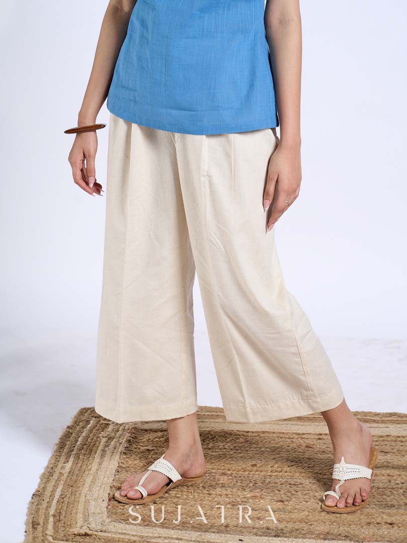 Off White Cotton Flex Smart Fit Pleated Bottoms