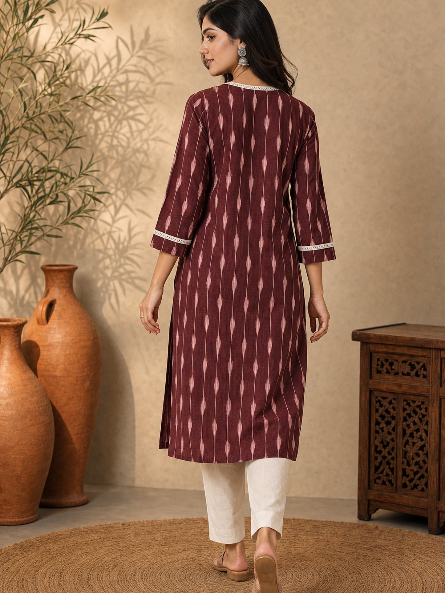 Deep Maroon Ikat Cotton Kurta with Detailed Neckline & Sleeves