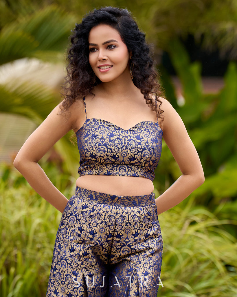Brocade Blouse & Pleated Brocade Pants with Additional Brown Sheer Tunic