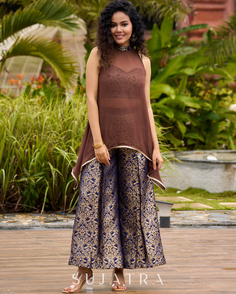 Brocade Blouse & Pleated Brocade Pants with Additional Brown Sheer Tunic