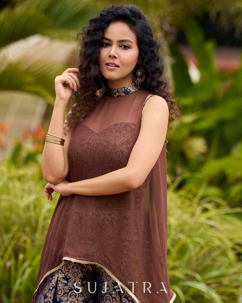 Brocade Blouse & Pleated Brocade Pants with Additional Brown Sheer Tunic