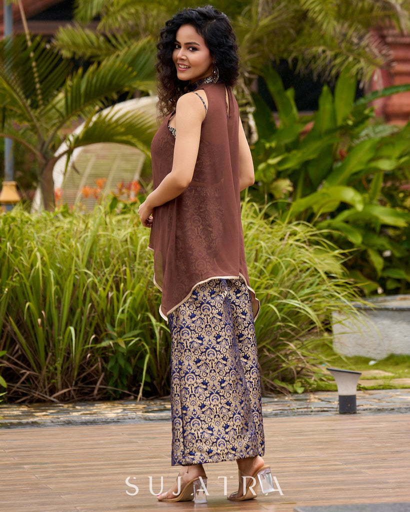 Brocade Blouse & Pleated Brocade Pants with Additional Brown Sheer Tunic