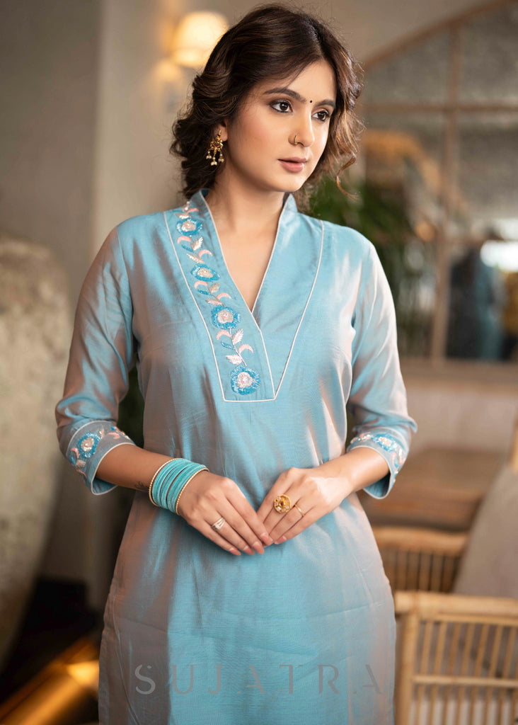 Beautiful Firozi Blue Chanderi Pant &Kurta With Glass Beadwork On Neckline & Sleeves -  Dupatta Optional