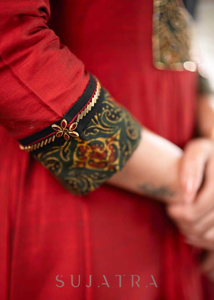 Beautiful A Line Maroon cotton Silk Kurta With Ajrakh Patchwork On Yoke -  Pant Optional