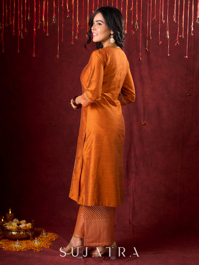 Deep Rust Cotton-Silk Panel Kurta with Subtle Brocade Accents