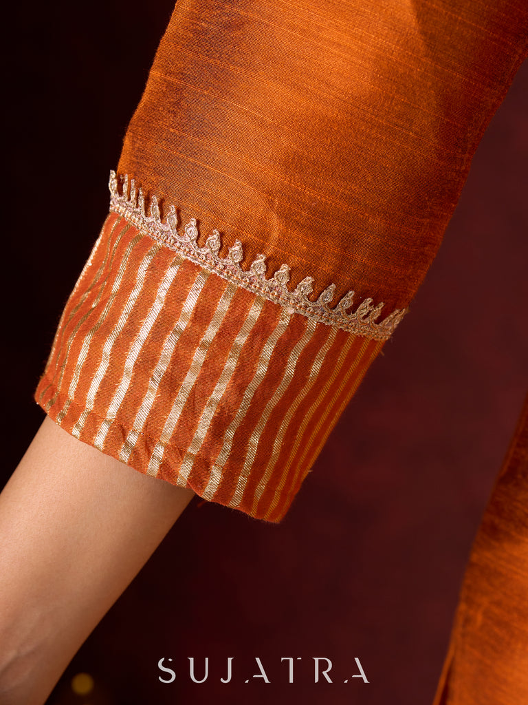 Deep Rust Cotton-Silk Panel Kurta with Subtle Brocade Accents