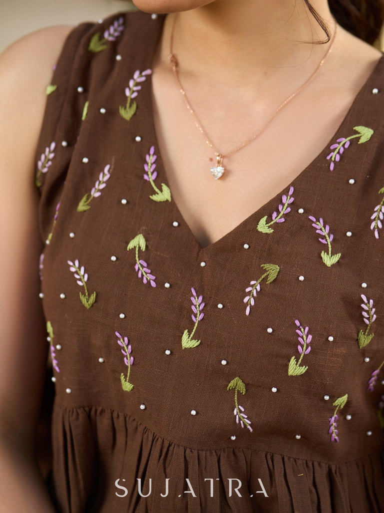 Bohemian Brown Cotton Top with Exquisite Hand Embroidery, Soft Gathers & Graceful V Neckline
