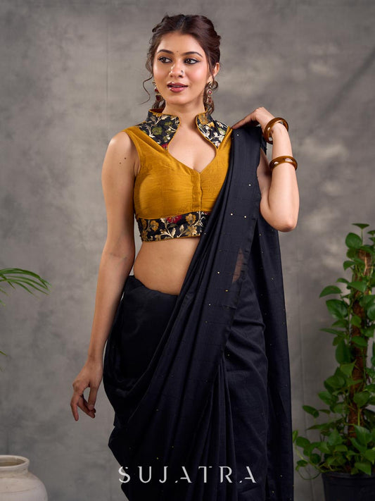 Chic Black Cotton Saree with All-over Sequins Embellishment
