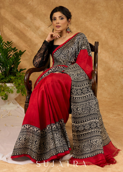 Timeless Maroon Pure Silk Intricate Hand Block Printed Saree