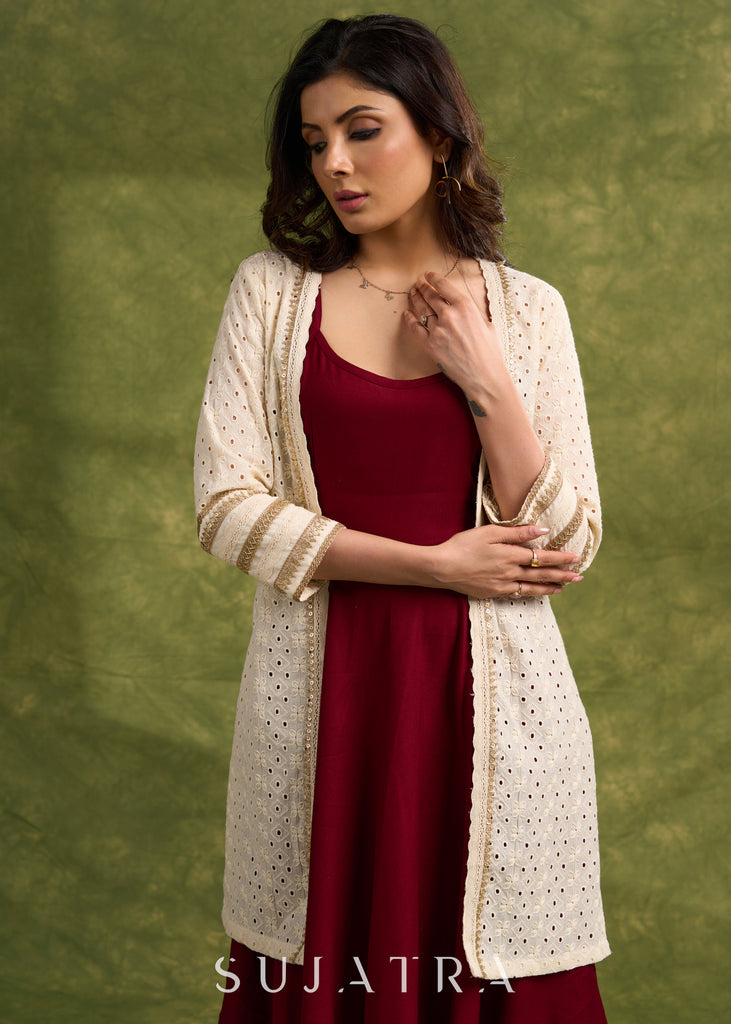 Beautiful Off  White  Hakoba Shrug With Lace Detailing For Effortless Style   Dress Optional