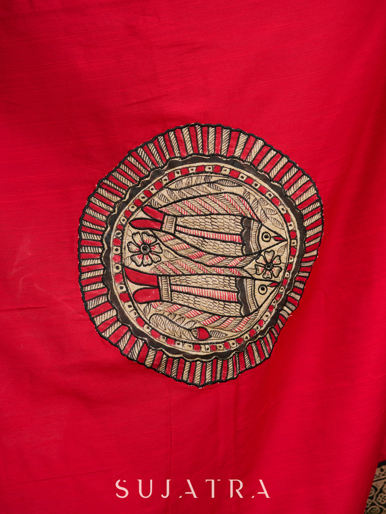 Striped Ajrakh & Madhubani hand painted combination exclusive fusion saree