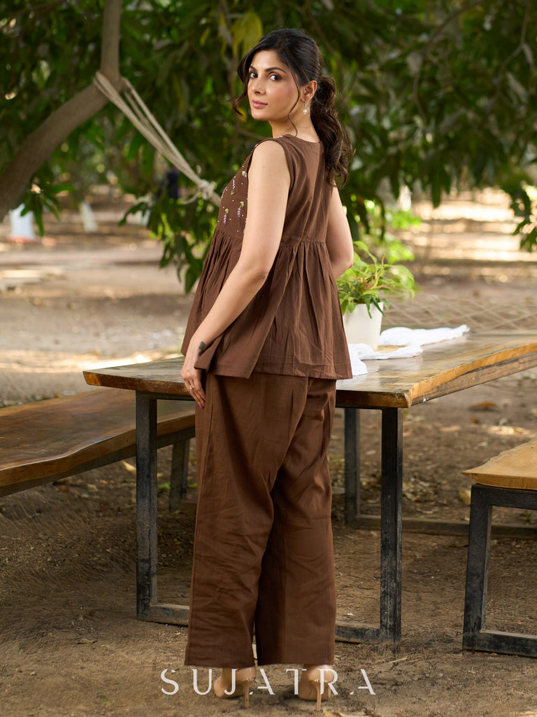 Bohemian Brown Cotton Top with Exquisite Hand Embroidery, Soft Gathers & Graceful V Neckline