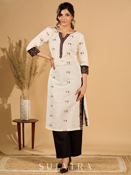 Whispering White Cotton Woven Jamdani Kurta with Bold Black Accents