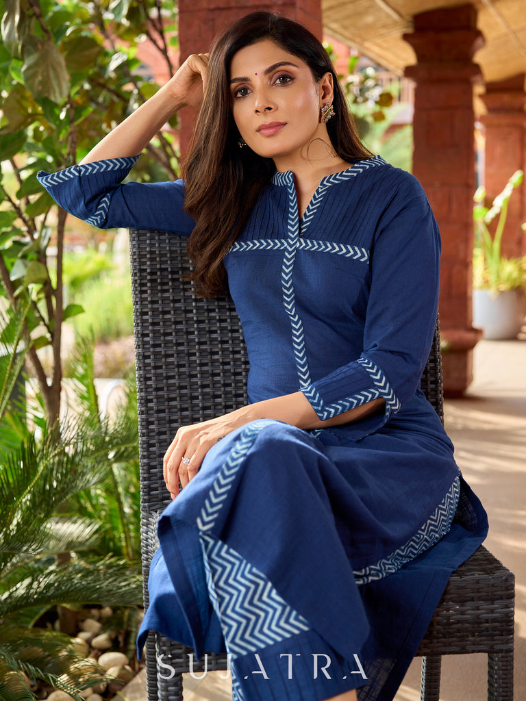Elegant Navy blue cotton kurta with front pintuck detailing - indigo pant optional.