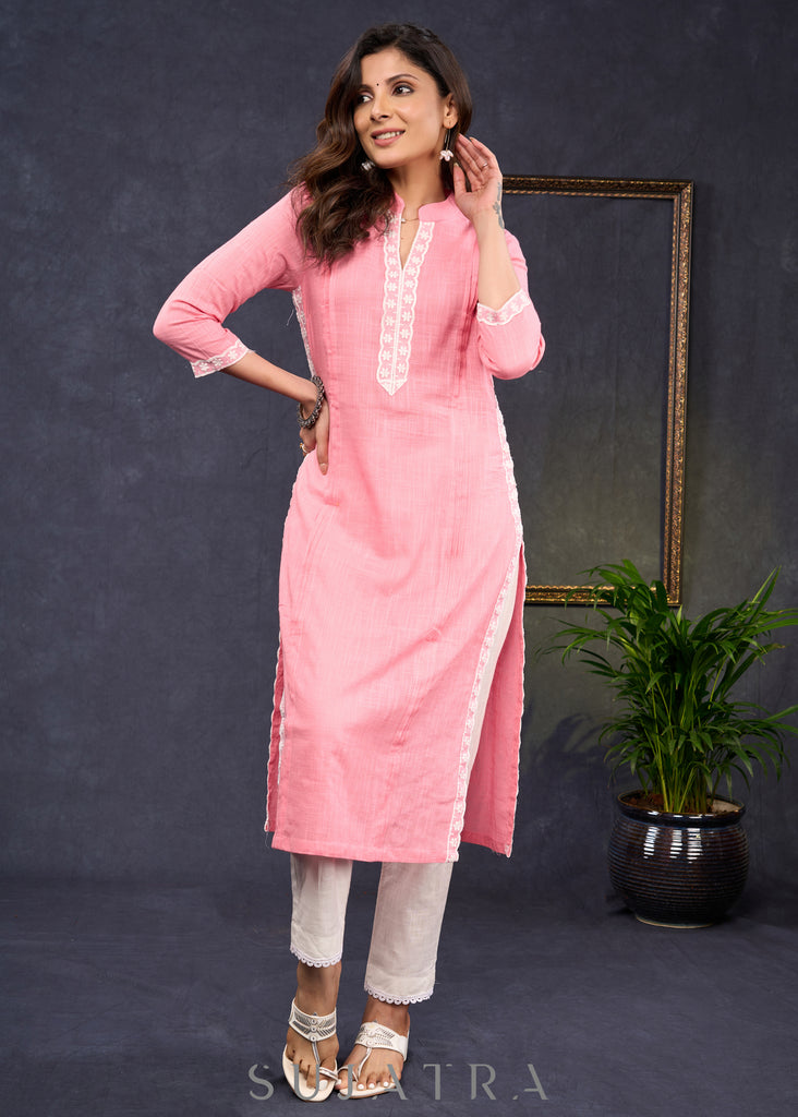 Beautiful-Blush-Pink-Straight-Cut-Kurta-Highlighted-With-Beautiful-Floral-Lace--Pant-Optional