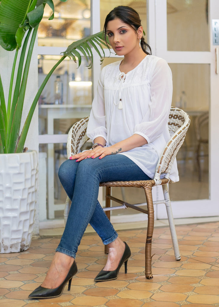 Smart Georgette Top with Lace Yoke, Sleeves & Inner