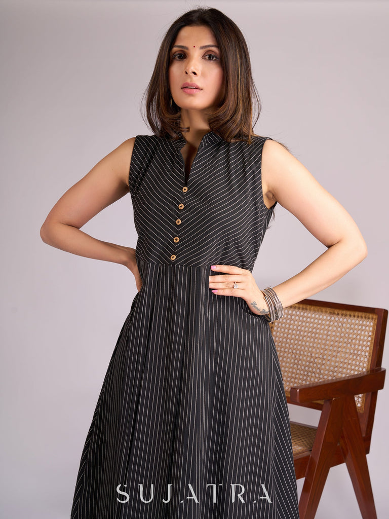 Sophisticated Black Striped Ikat Kurta with Graceful Pleat Detailing