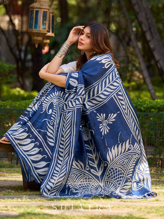 Artisan Blue Pure Silk Saree featuring Bold Hand Batik Work