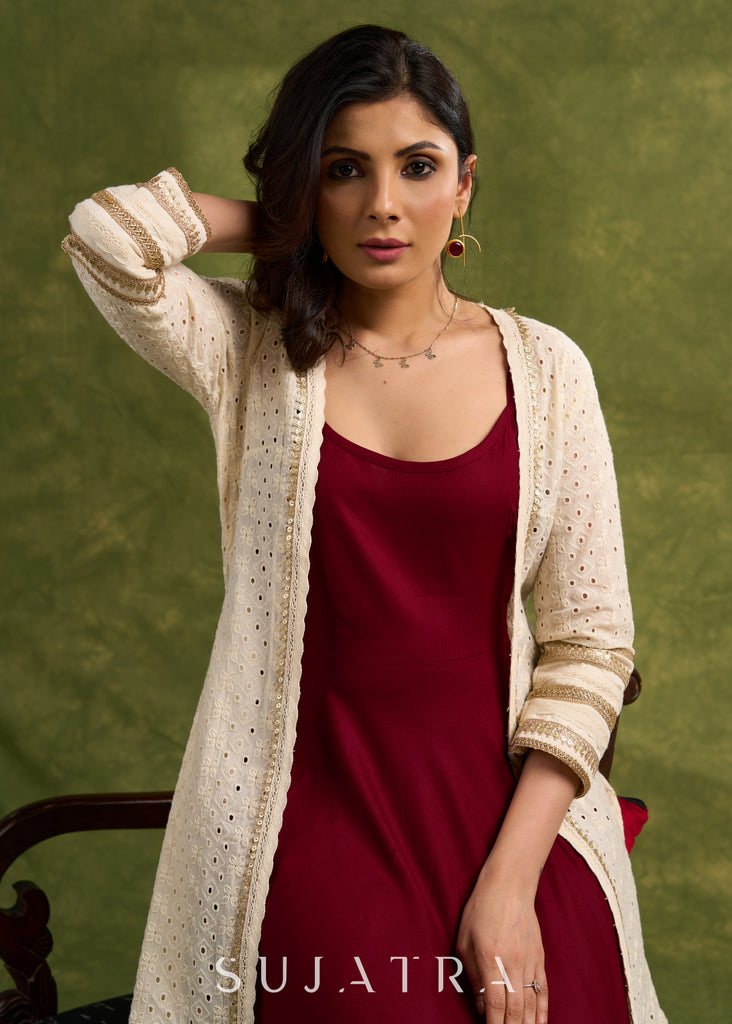 Beautiful Off  White  Hakoba Shrug With Lace Detailing For Effortless Style   Dress Optional