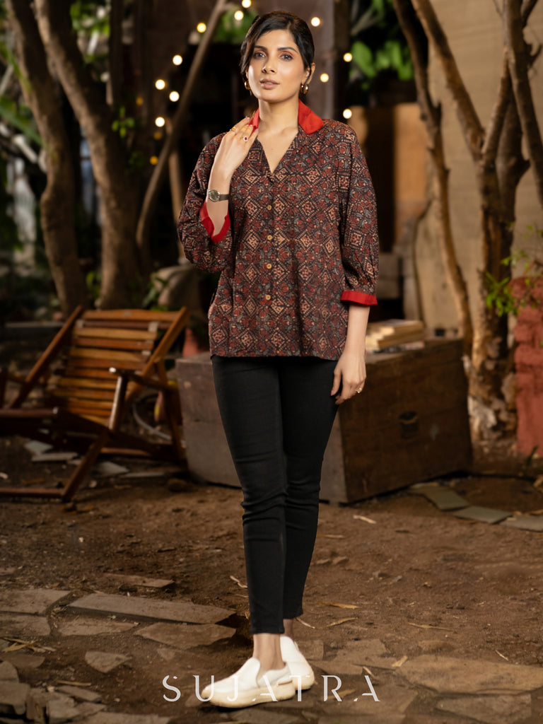 Chic Ajrakh Black Shirt Highlighted with a Rich Maroon Collar